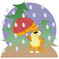 cute tiger cub character with a red umbrella, hiding from the rain