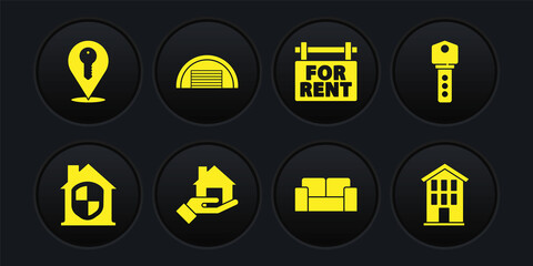 Set House under protection, key, Realtor, Sofa, Hanging sign with For Rent, Garage, and Location icon. Vector