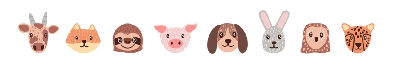 Set of cute baby animal faces. Funny heads of childish characters. Adorable doodle portraits cow, cat, sloth, pig, dog, rabbit, owl and leopard. Flat vector illustration isolated on white background © Paper Trident