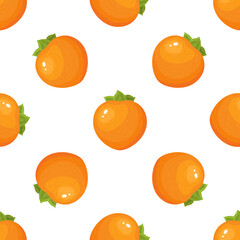 Seamless pattern with fresh whole persimmon fruit isolated on white background. Summer fruits for healthy lifestyle. Organic fruit. Cartoon style. Vector illustration for any design.