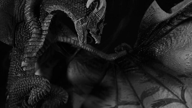 The figure of a fabulous grim dragon with raised wings and a curved neck