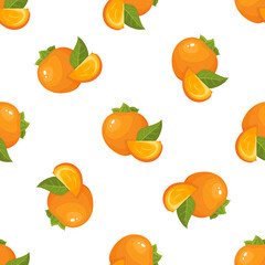 Seamless pattern with fresh bright persimmon fruit isolated on white background. Summer fruits for healthy lifestyle. Organic fruit. Cartoon style. Vector illustration for any design.
