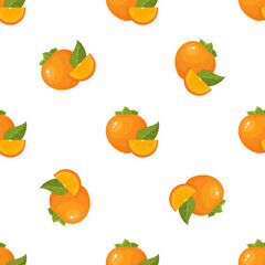 Seamless pattern with fresh bright persimmon fruit isolated on white background. Summer fruits for healthy lifestyle. Organic fruit. Cartoon style. Vector illustration for any design.