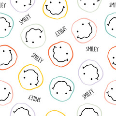 Vector seamless pattern with happy smileys colorful. Smiling emoticons. Hand drawn trendy Vector illustration for kids. Good for Fabric, textile, giftware, wallpaper, for book design and more