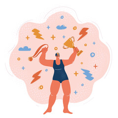 Vector illustration of Woman swimmer cartoon character holding gold trophy award cup above head