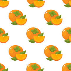 Seamless pattern with fresh bright persimmon fruit isolated on white background. Summer fruits for healthy lifestyle. Organic fruit. Cartoon style. Vector illustration for any design.