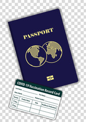 International Passport and Covid-19 Vaccination card isolated on transparent background. Mock Up Template. Vector illustration.	