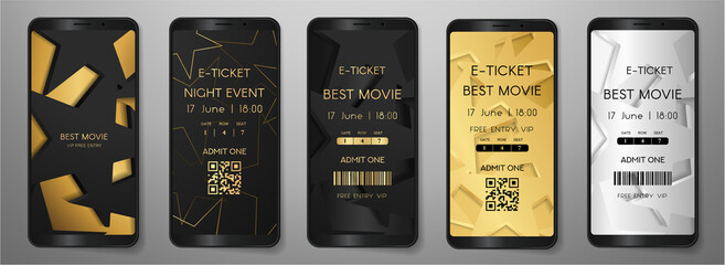 Admission e-ticket template set. Contemporary entrance ticket with star pattern on gold, black background. Vector design template for concert event, music performance, exhibition, show, mobile app
