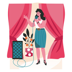 People do their favorite hobby scene concept. Woman with microphone singing in karaoke. Female singer performing song on stage people activities. Vector illustration of characters in flat design