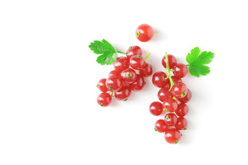 Berries of ripe tasty red currant isolated on white background. red currant with a leaf. a slide of red currants. Red currant berries with leaf isolated on white background.