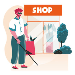 Disabled people scene concept. Blind man with cane makes purchases in shop. Disabled person shopping. Accessibility, rehabilitation people activities. Vector illustration of characters in flat design