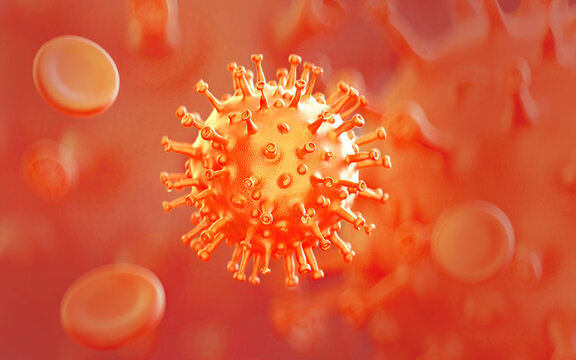 3d rendering of Coronavirus COVID-19 and blood cell  under the microscope. 3d illustration