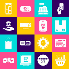 Set Shopping basket and food, Cardboard box with traffic symbol, Cash register machine, Bank check pen, Hand holding coin money, Online shopping phone and Mobile cart icon. Vector