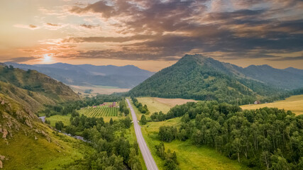 Chuisky tract. The most beautiful road in Russia, passes through the mountains and hills. Amazing&nbsp;view, beautiful sky. Altai Mountains, Russia