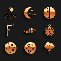 Set Cone meteorology windsock wind vane, Moon, Storm, Compass, Fahrenheit, Eclipse of the sun and Drought icon. Vector