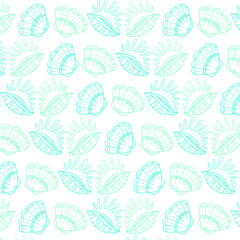 Seamless pattern with blue sea shells. Hand drawn vintage sketch elements of engraving. Nautical background. Can use for pack. paper, wallpaper.