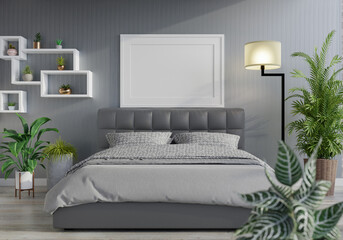 3D Modern interior of bedroom with mockup photo frame