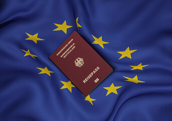 Germany passport with European Union flag, center, top view 