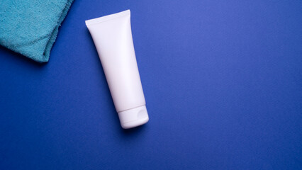 cosmetic spa medical skin care and cosmetic lotion bottle, cream packaging on blue background, anti aging collagen face healing serum, cleansing