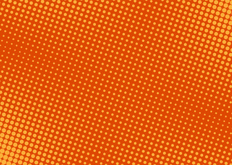 Pop art background. Halftone comic dotted pattern. Orange print with circles. Cartoon vintage texture. Superhero wow backdrop. Geometric duotone wallpaper with half tone effect. Vector illustration.