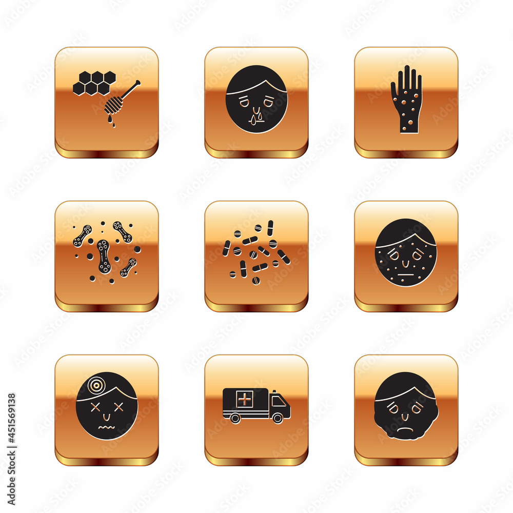 Sticker Set Honeycomb with honey dipper, Man having headache, Emergency car, Medicine pill or tablet, Bacteria, Hand psoriasis eczema, Inflammation face and Runny nose icon. Vector