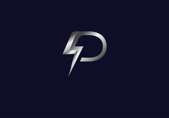 Initial P Power Logo. 3D letter P and thunder bolt icon combination isolated on black background, 3d style Logo Design Template element, vector illustration - obrazy, fototapety, plakaty
