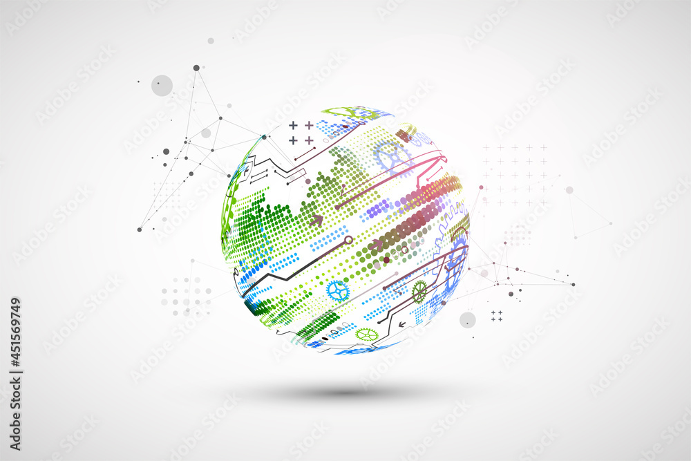 Poster Abstract color vector background on a technological theme is created using many different technical elements. Global network concept.