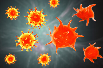 Covid-19 coronaviruses and platelets, conceptual 3D illustration.