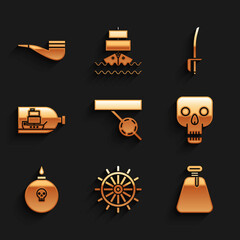 Set Pirate eye patch, Ship steering wheel, sack, Skull, Bomb ready to explode, Bottle with ship inside, sword and Smoking pipe icon. Vector