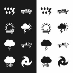 Obraz premium Set Storm, Wind and sun, snow, rain, Tornado and Cloud with lightning icon. Vector