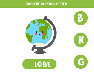 Find missing letter with cute globe. Spelling worksheet.