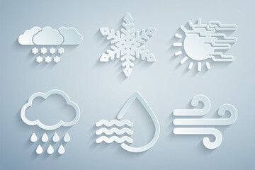 Set Water drop percentage, Fog and sun, Cloud with rain, Wind, Snowflake and snow icon. Vector
