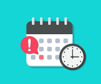 Calendar with deadline clock in a flat design. Event date reminder