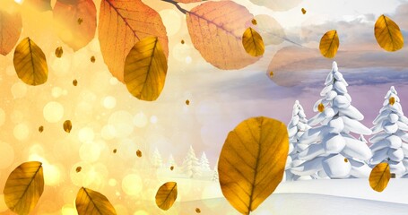 Composition of leaves falling over autumn and winter scenery