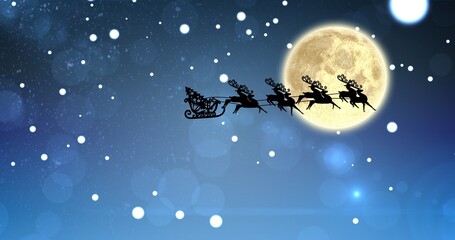 Fototapeta na wymiar Composition of santa claus in sleigh with reindeer over stars and moon