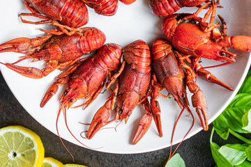 crayfish fresh boiled crustaceans ready to eat meal snack on the table copy space food background rustic. top view