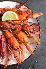 crayfish fresh boiled crustaceans ready to eat meal snack on the table copy space food background rustic. top view