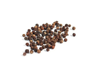 An image of flat lay black pepper spice peppercorn is an ingredient or food spicery flavor white background isolated.