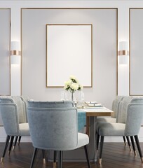 3D Mockup photo frame in Modern interior of dining room