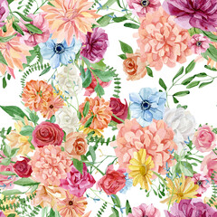 Bright flower seamless pattern with watercolor hand painted wildflower, rose, peoinies, dandelion, chrysanthemum, green foliage, leaves and branches. Beautiful natural pattern.