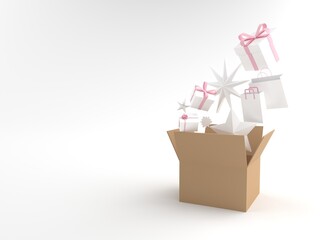 3D rendering of Brown cardboard box with Many pink white gift boxes, Paper bags lay are floating. Concept of gift boxes delivery by Brown cardboard box, surprises concept, isolated on white background