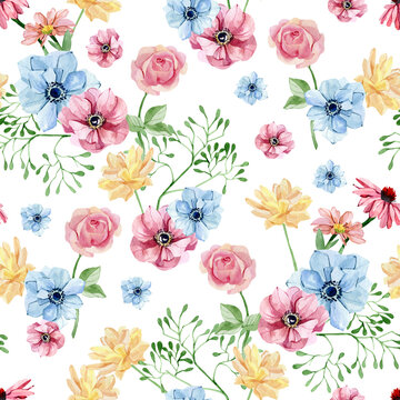 Bright flower seamless pattern with watercolor hand painted wildflower, rose, anemone, dandelion, green foliage, leaves and branches. Beautiful natural pattern.