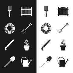 Set Garden pitchfork, hose fire hose, fence, saw, Flower in pot, Watering can and shovel icon. Vector