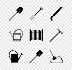 Set Garden shovel, pitchfork, saw, Watering can, Shovel the ground, and fence icon. Vector