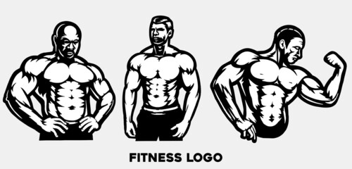 bodybuilder with pose, gym logo, muscle fitness, workout, flat illustration vector