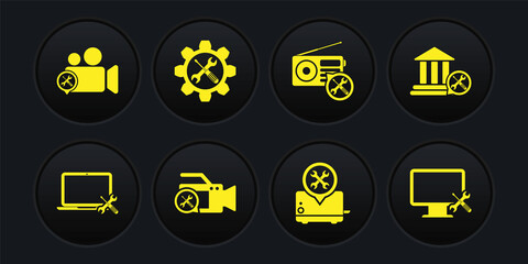 Set Laptop service, Bank building, Video camera, Toaster, Radio, Wrench and screwdriver gear, Computer monitor and icon. Vector