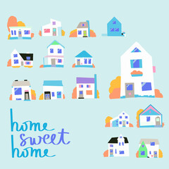 Hand drawn European city houses set in cute cartoon style. Colorful modern townhouse building sketch. Old houses, City buildings, Doodle decorative elements collection. Creative vector illustration.