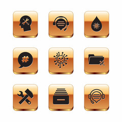 Set Human head service, Crossed hammer and wrench, Drawer with documents, Bacteria, Hashtag speech bubble, Dirty water drop, Headphones chat and icon. Vector