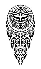 Tattoo sketch maori style for leg or shoulder with turtle, sun symbols face and swastika.	
