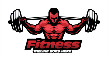 fitness logo with bodybuilder, work out, strong body concept, flat illustration vector